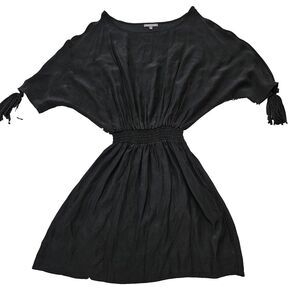 Emerson Thorpe 100% Silk Black Tassel Kimono Sleeve Smocked Waist Dress‎ Sz S